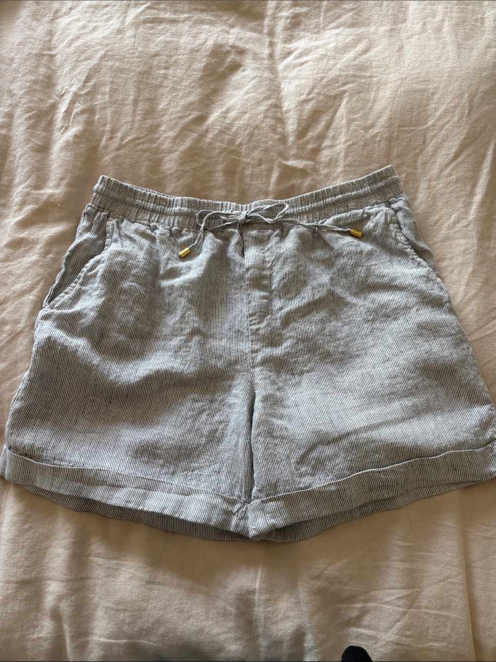Ellen Tracy Light Gray Striped Women's Drawstring Linen Shorts
